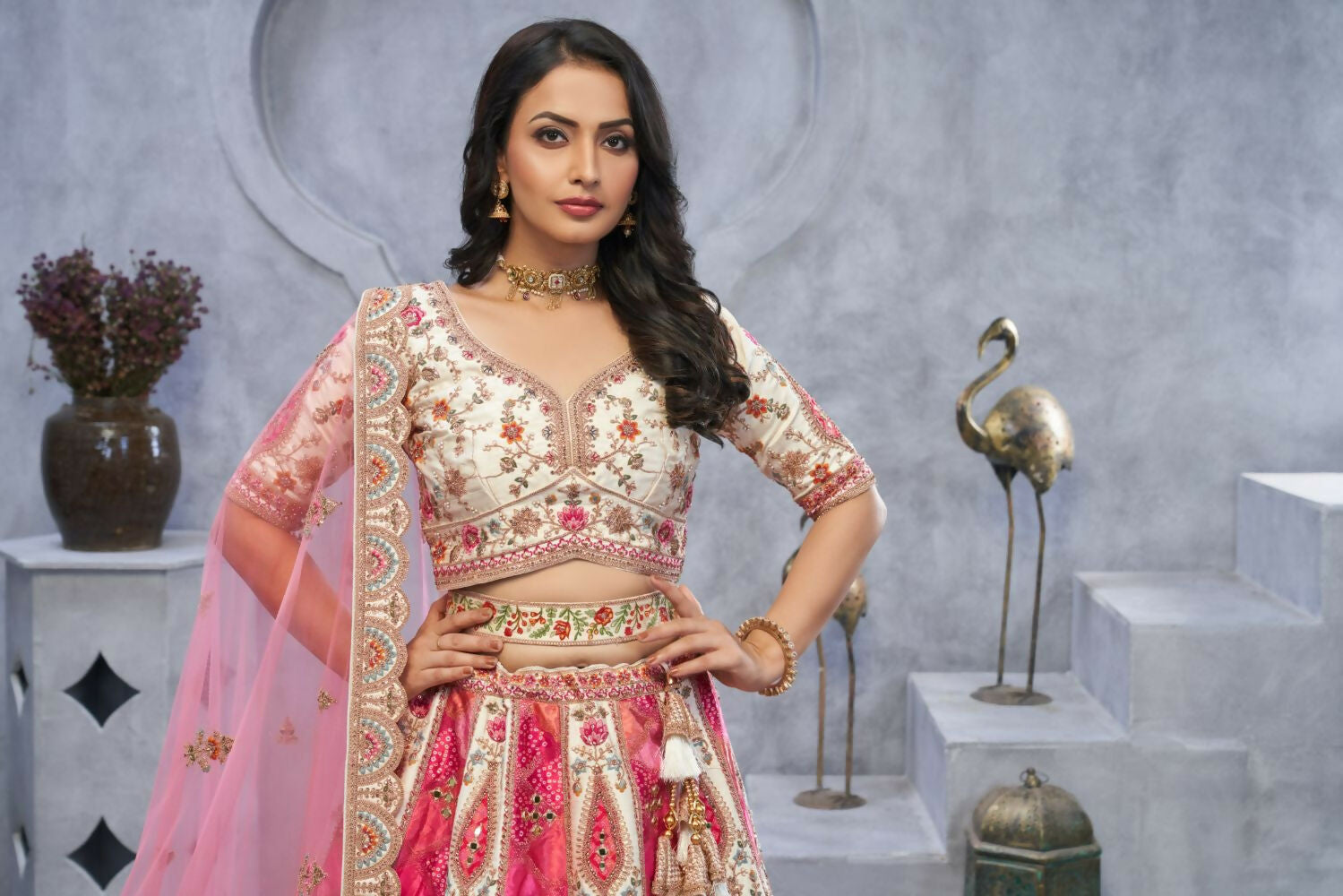 Kesar Fab Ivory Organza Embroidered Lehenga | Grocsy