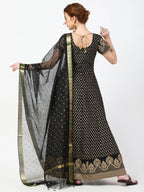 Cheera Women's Black Cotton Hand Block Print Long Dress With Silk Dupatta Set | Grocsy