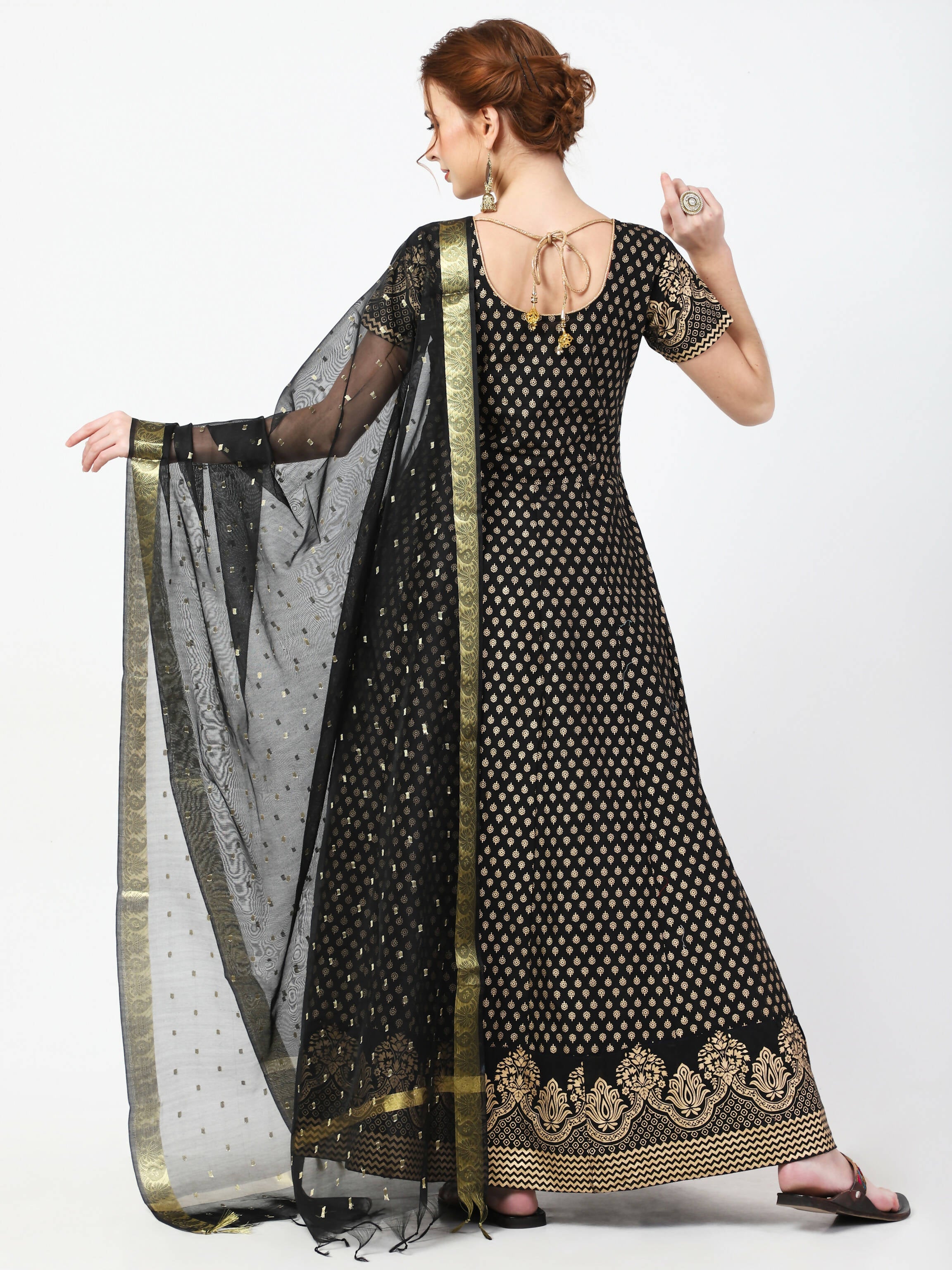 Cheera Women's Black Cotton Hand Block Print Long Dress With Silk Dupatta Set | Grocsy