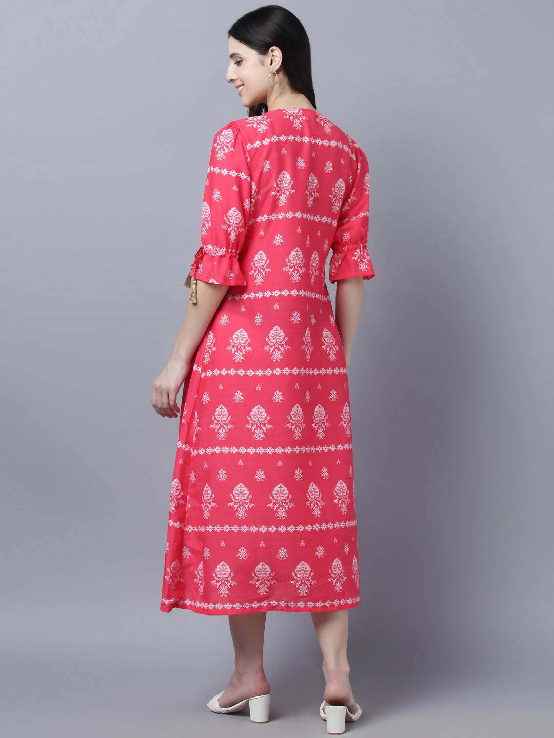 Myshka Women's Pink White Ethnic Motifs Printed Maxi Dress | Grocsy