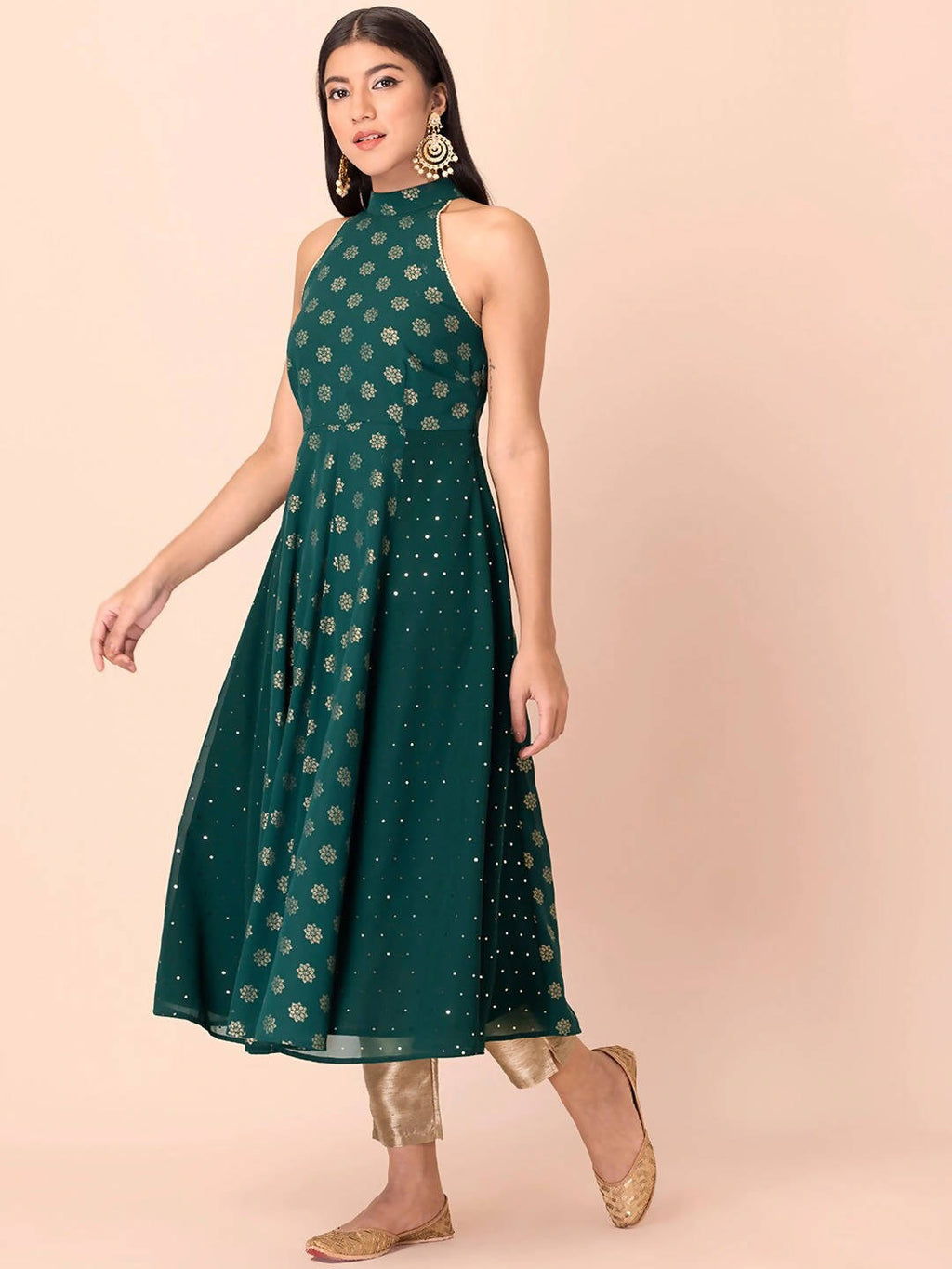 Indya Green Floral Printed Halter Neck Georgette Kurta With Zari Detail | Grocsy