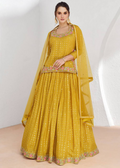 Lorenvalley Fashion Yellow Chinon Embroidery with Sequince Work Salwar Lehenga Stitched | Grocsy