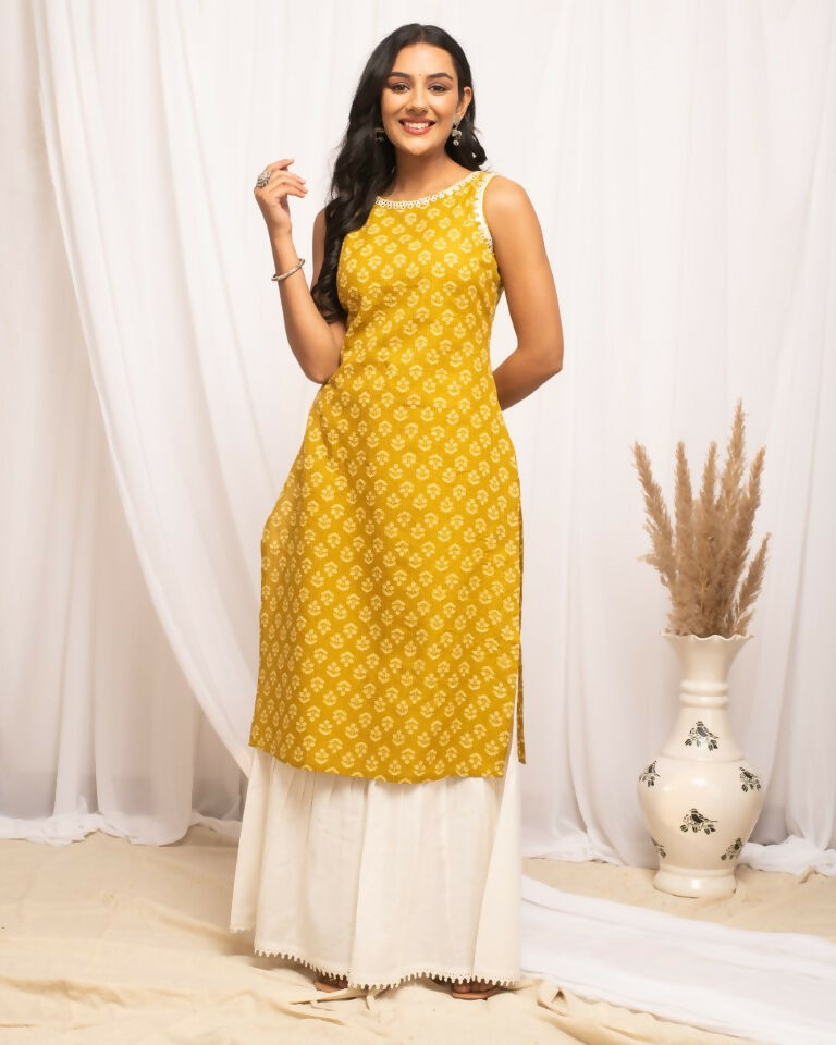 FIORRA Women's Floral Printed Yellow Cotton Straight Kurta | Grocsy
