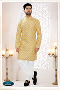 Joban Fashion Men's Yellow Straight Silk Thread Embroidery All Over Kurta Set | Grocsy