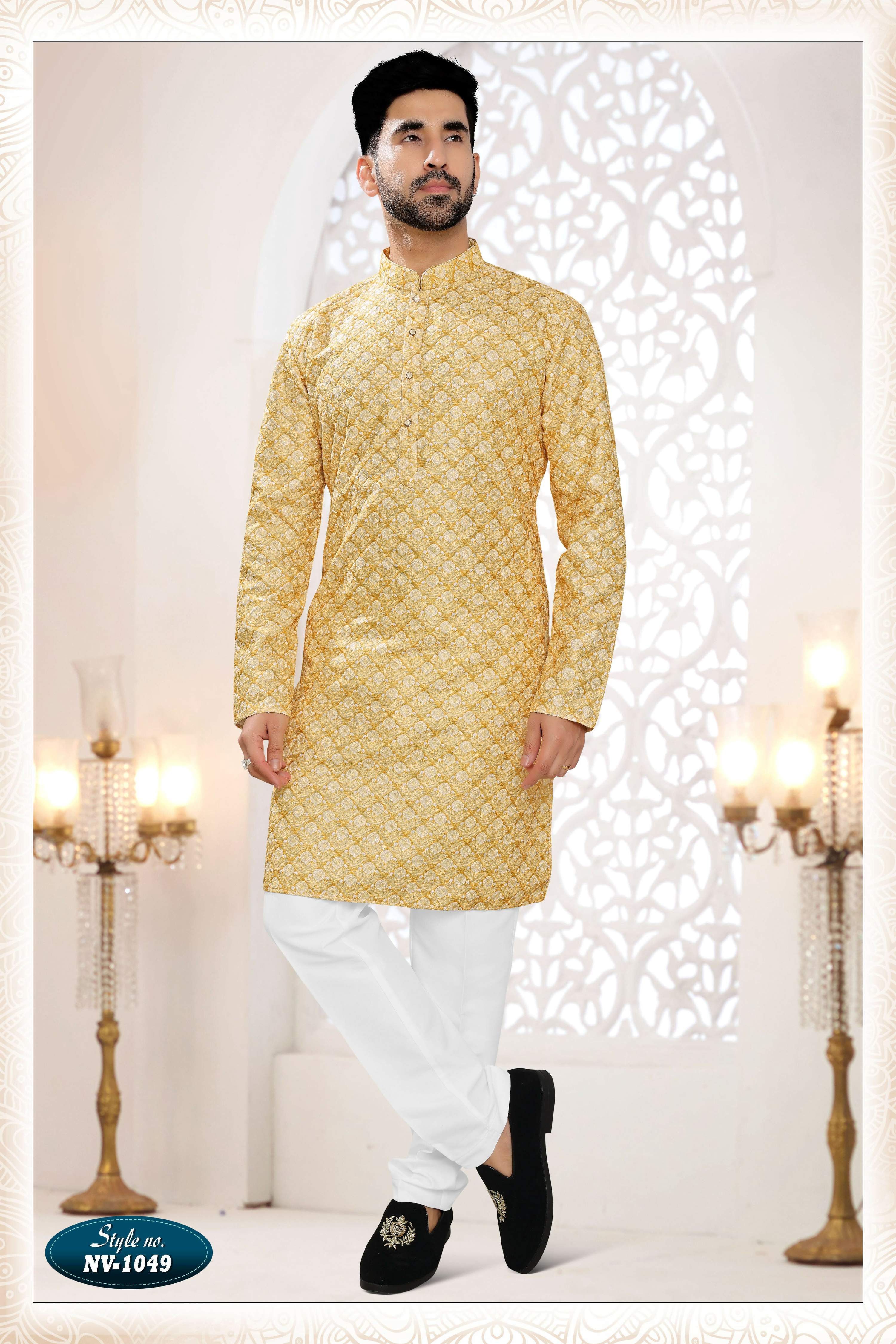 Joban Fashion Men's Yellow Straight Silk Thread Embroidery All Over Kurta Set | Grocsy