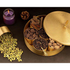 Akshata 06 Hand Etched Brass Spice Box Set for Kitchen with Spoon (7 Containers) | Grocsy