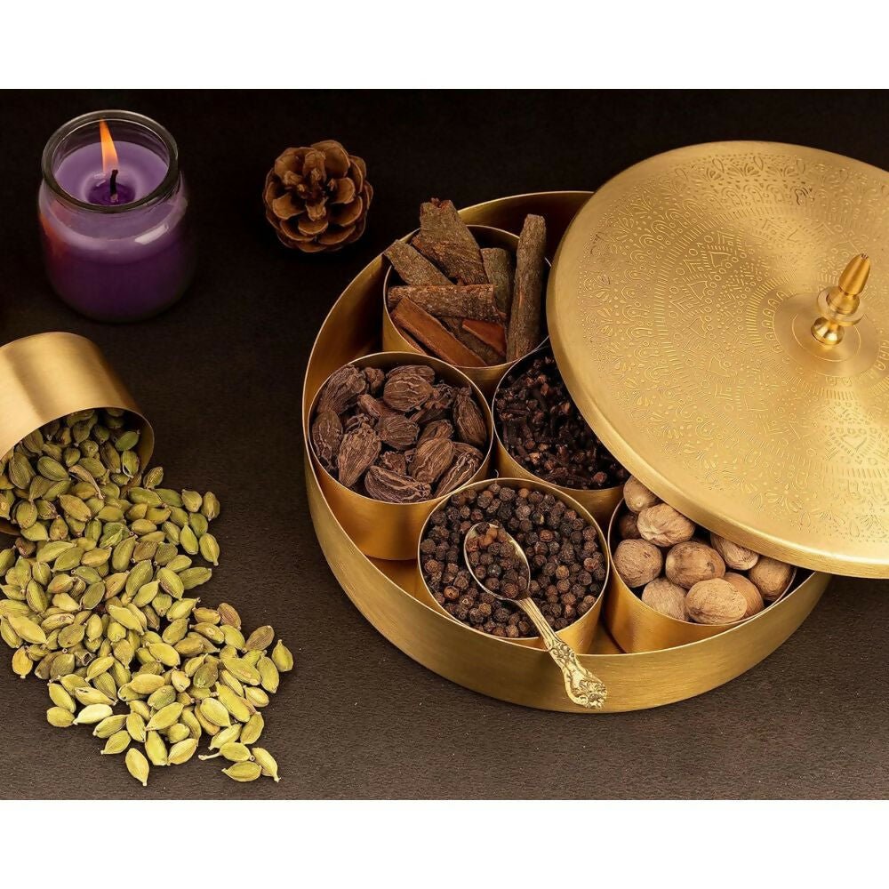 Akshata 06 Hand Etched Brass Spice Box Set for Kitchen with Spoon (7 Containers) | Grocsy