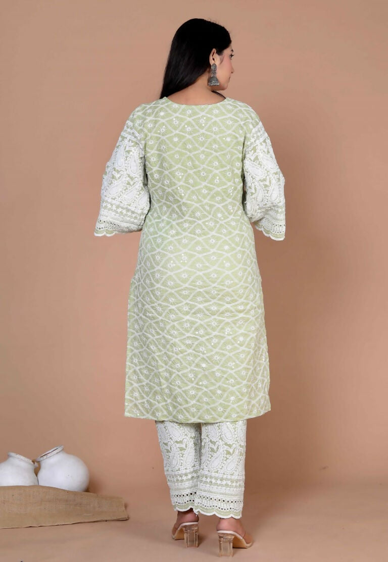 Miravan Women's Green Embroidery Chikankari Kurta And Palazzo | Grocsy