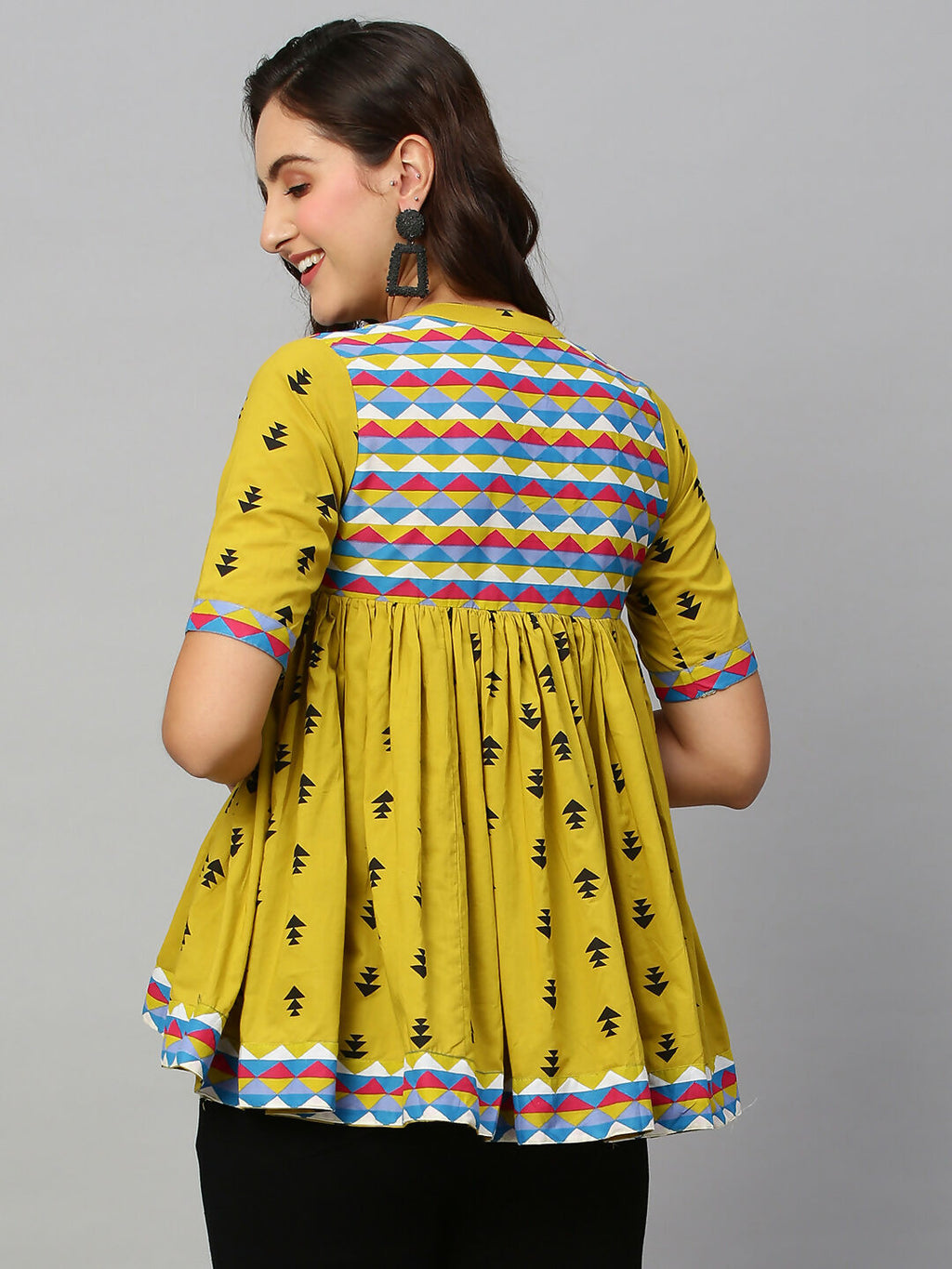 Olive Green & Black Pure Cotton Printed A-Line Top - Bosky | Grocsy