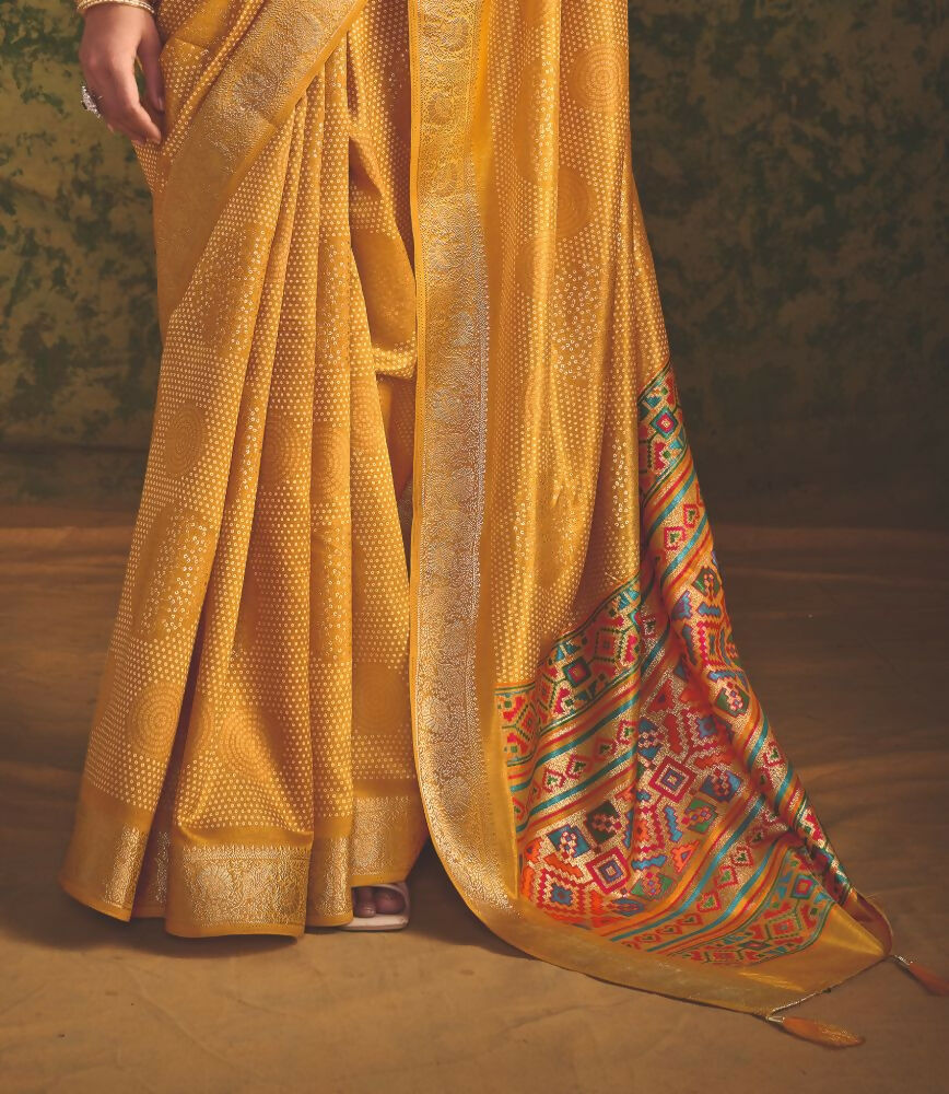 Joban Fashion Yellow-Firoji Velvet Tussar Silk with Foil Print Saree | Grocsy