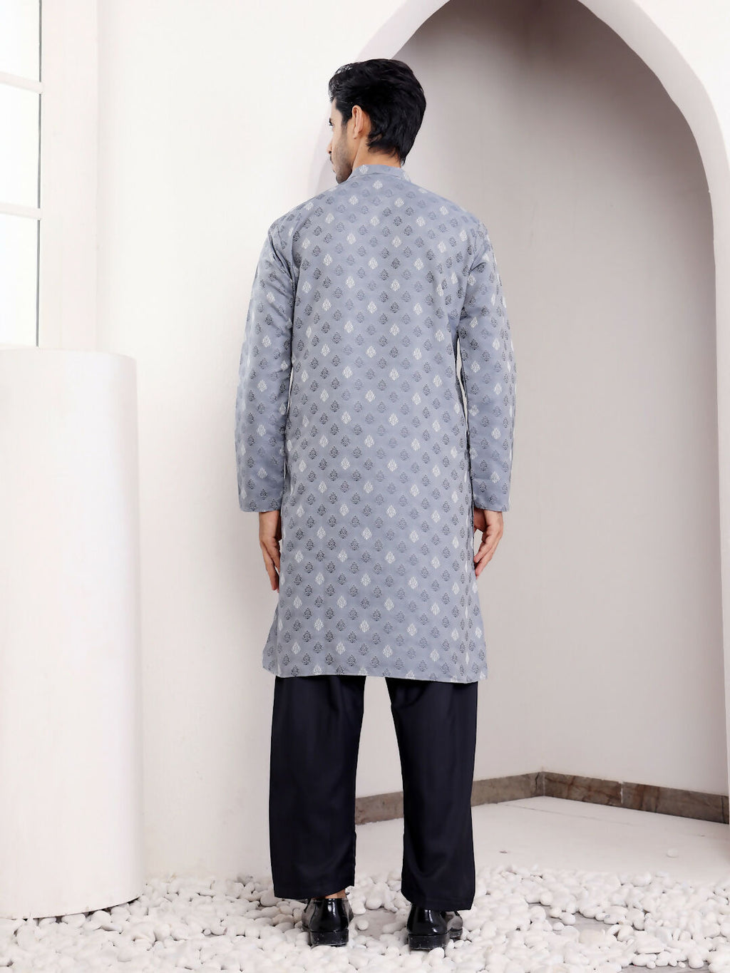Blue Viscose Woven Jacquard Work Men's Kurta - Mahotsav | Grocsy