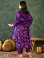 The52 Women's Gorgeous Rayon Embroidery Straight Kurta with Pant And Dupatta Set-Purple | Grocsy