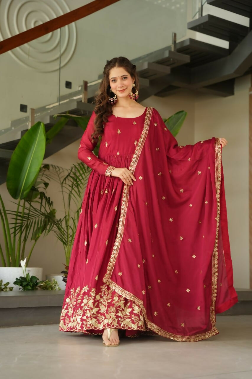 Teeya Creation Maroon Color Chinon Silk Party Wear Long Gown | Grocsy