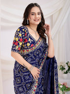 Blue Vichitra Silk Bandhani Printed, Embroidery Work Saree - Ditya | Grocsy