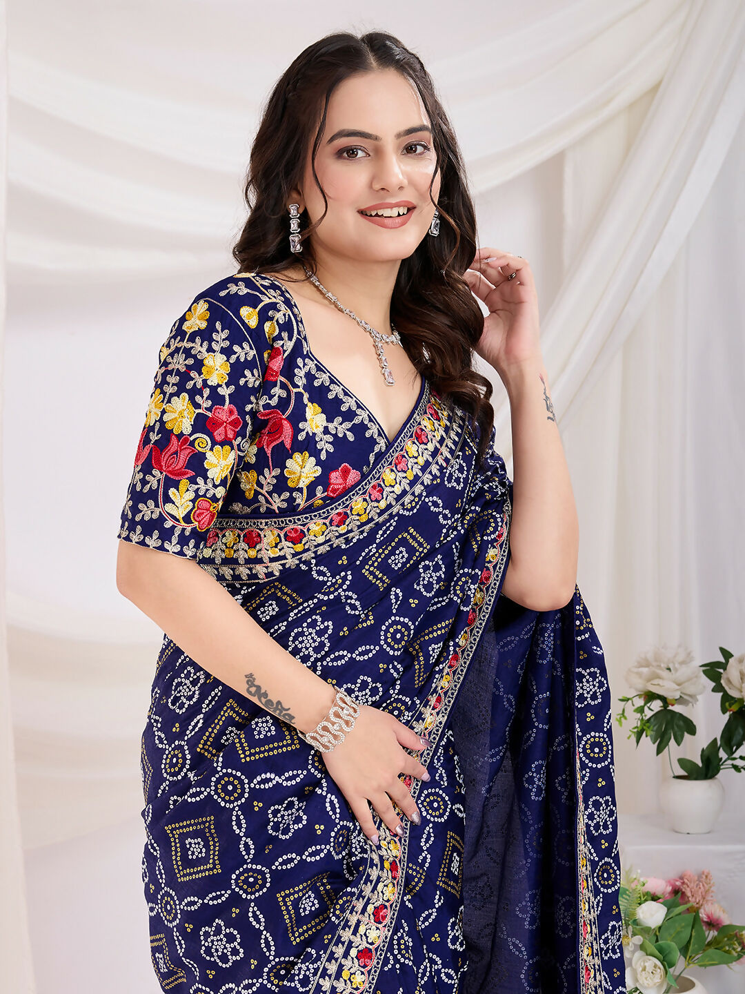 Blue Vichitra Silk Bandhani Printed, Embroidery Work Saree - Ditya | Grocsy