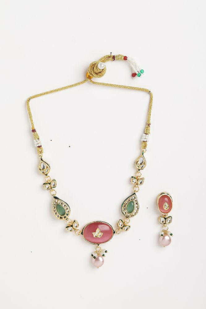 Nuyug 22K Gold Plated Radiant Rose Stone Kundan Necklace | Grocsy
