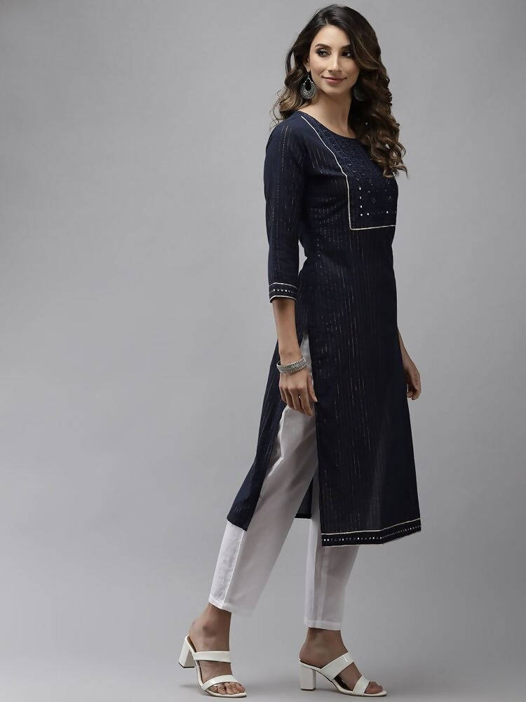 Yufta Women Navy Blue Yoke Design Mirror Work Cotton Kurta | Grocsy