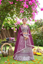 Purple Net Embroidered Semi Stitched Lehenga Choli with Dupatta - Bhagya | Grocsy