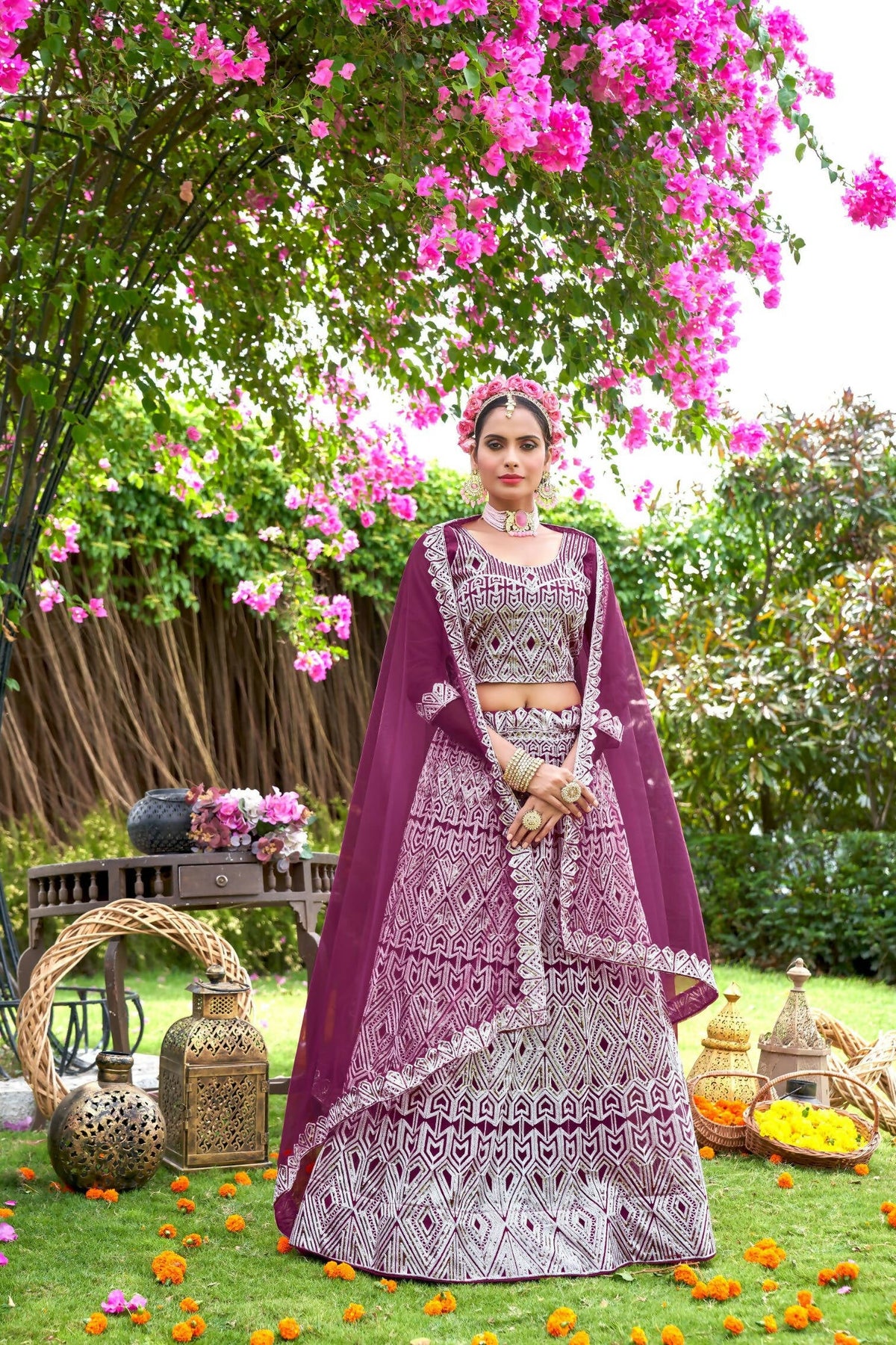 Purple Net Embroidered Semi Stitched Lehenga Choli with Dupatta - Bhagya | Grocsy