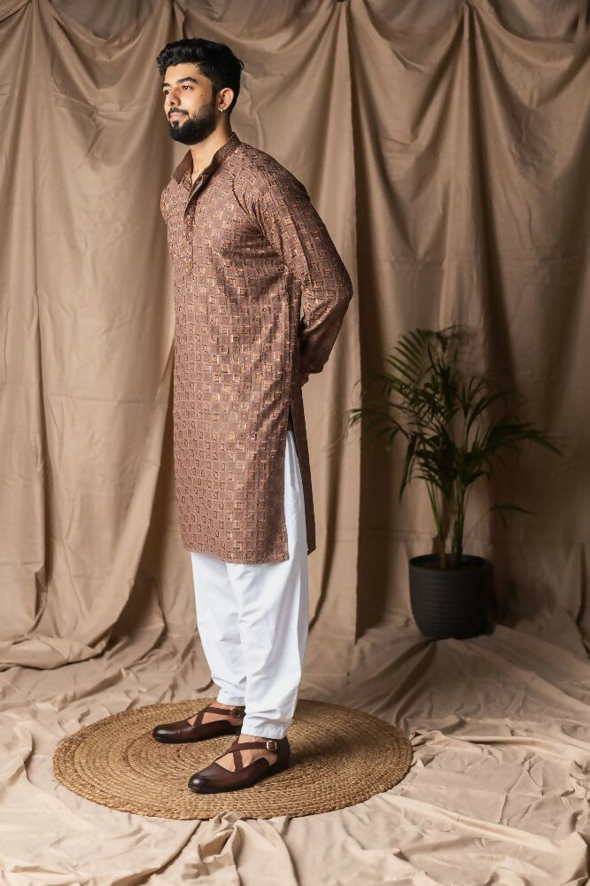 Brown Rayon Thread Embroidery Work Kurta Set - Mahotsav | Grocsy