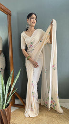 Aayaa Designer 1 min Hand Painted Ready to Wear saree - Off White | Grocsy