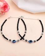 VOJ Set of 2 Evil Eye Black with Flower Shaped Beads Anklet | Grocsy