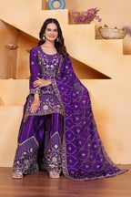 Prazu Fashion Violet Chinon Silk Sequin Embroidered Sharara Suit | Grocsy