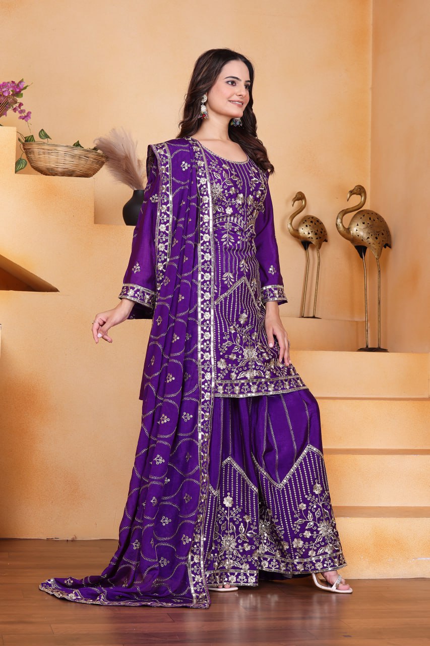Prazu Fashion Violet Chinon Silk Sequin Embroidered Sharara Suit | Grocsy