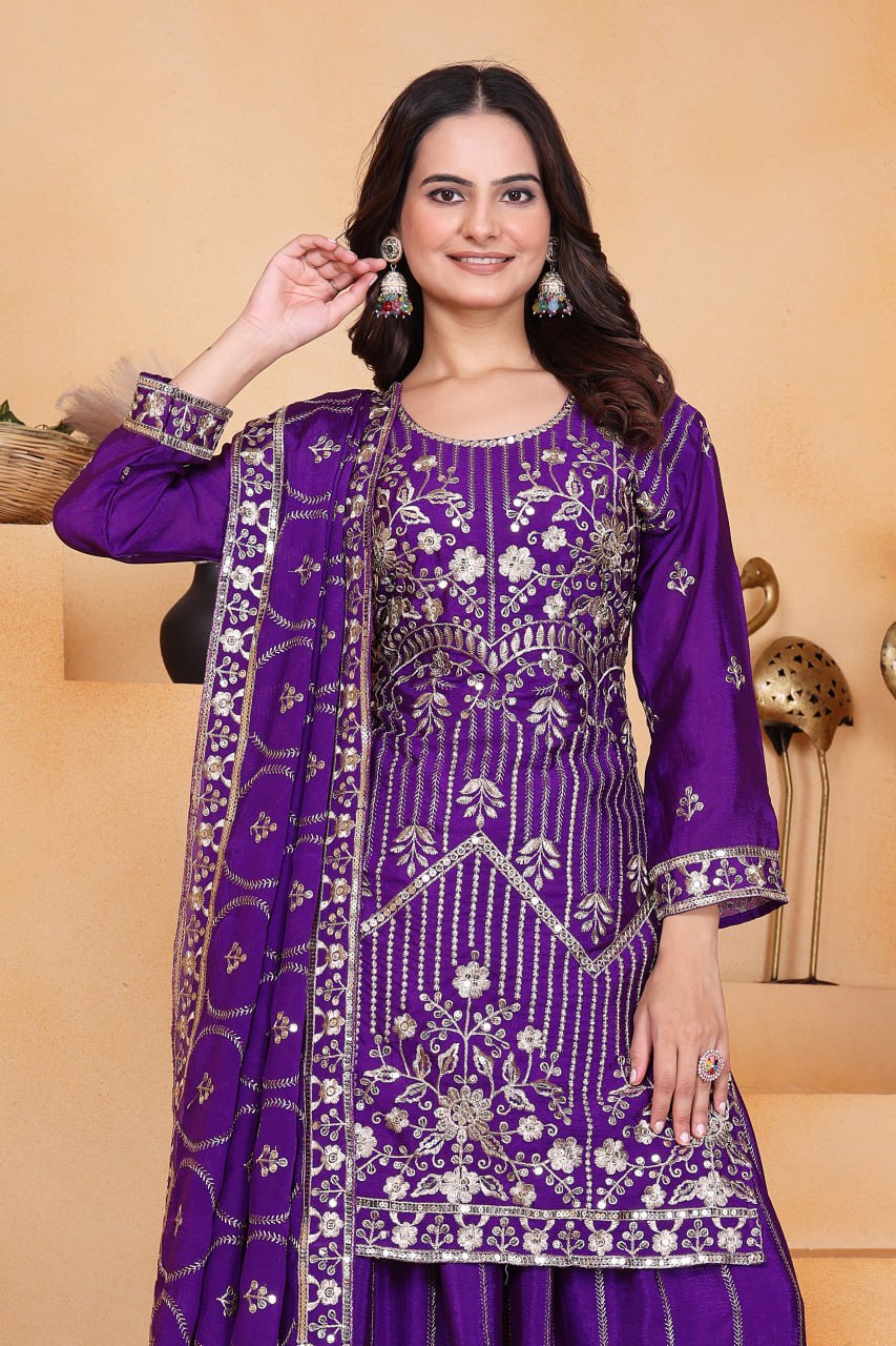Prazu Fashion Violet Chinon Silk Sequin Embroidered Sharara Suit | Grocsy