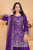 Prazu Fashion Violet Chinon Silk Sequin Embroidered Sharara Suit | Grocsy
