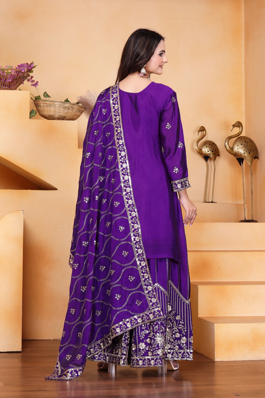 Prazu Fashion Violet Chinon Silk Sequin Embroidered Sharara Suit | Grocsy