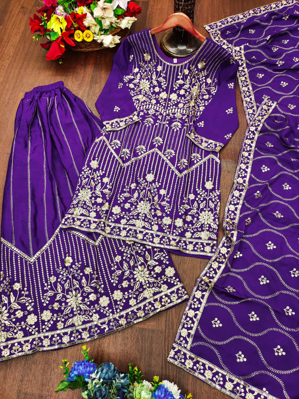 Prazu Fashion Violet Chinon Silk Sequin Embroidered Sharara Suit | Grocsy