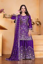 Prazu Fashion Violet Chinon Silk Sequin Embroidered Sharara Suit | Grocsy
