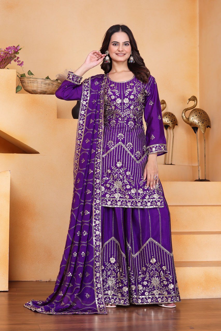Prazu Fashion Violet Chinon Silk Sequin Embroidered Sharara Suit | Grocsy