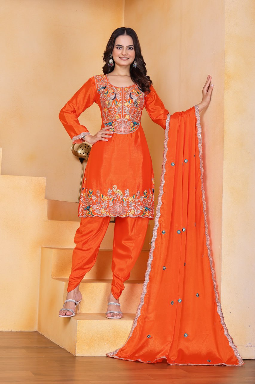 Prazu Fashion Orange Chinon Silk Embroidered Dhoti Style Suit | Grocsy