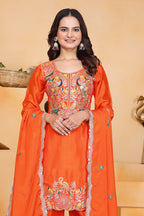 Prazu Fashion Orange Chinon Silk Embroidered Dhoti Style Suit | Grocsy