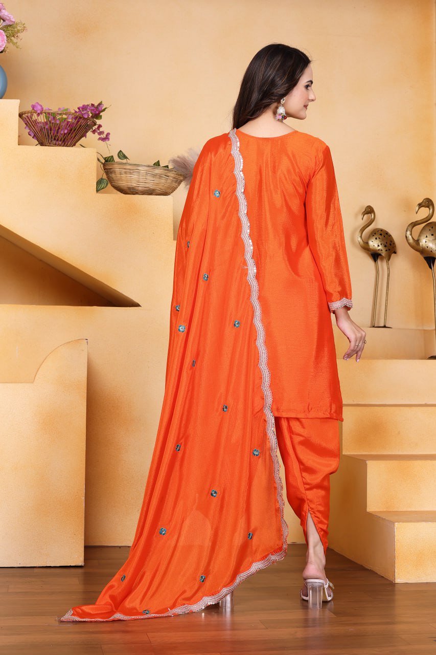 Prazu Fashion Orange Chinon Silk Embroidered Dhoti Style Suit | Grocsy