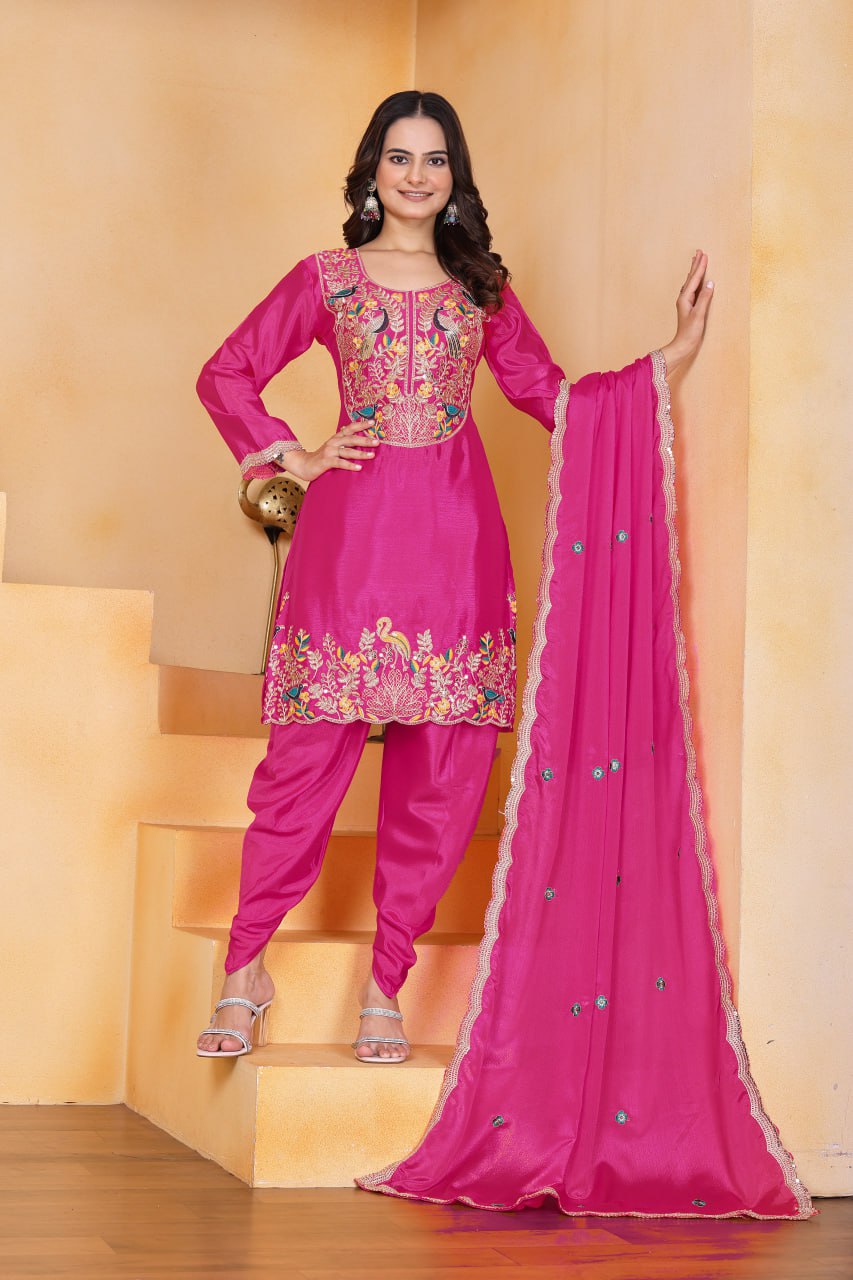 Prazu Fashion Pink Chinon Silk Embroidered Dhoti Style Suit | Grocsy