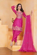 Prazu Fashion Pink Chinon Silk Embroidered Dhoti Style Suit | Grocsy