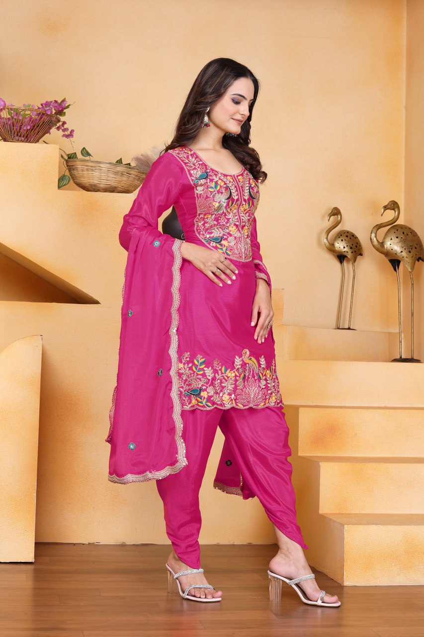 Prazu Fashion Pink Chinon Silk Embroidered Dhoti Style Suit | Grocsy