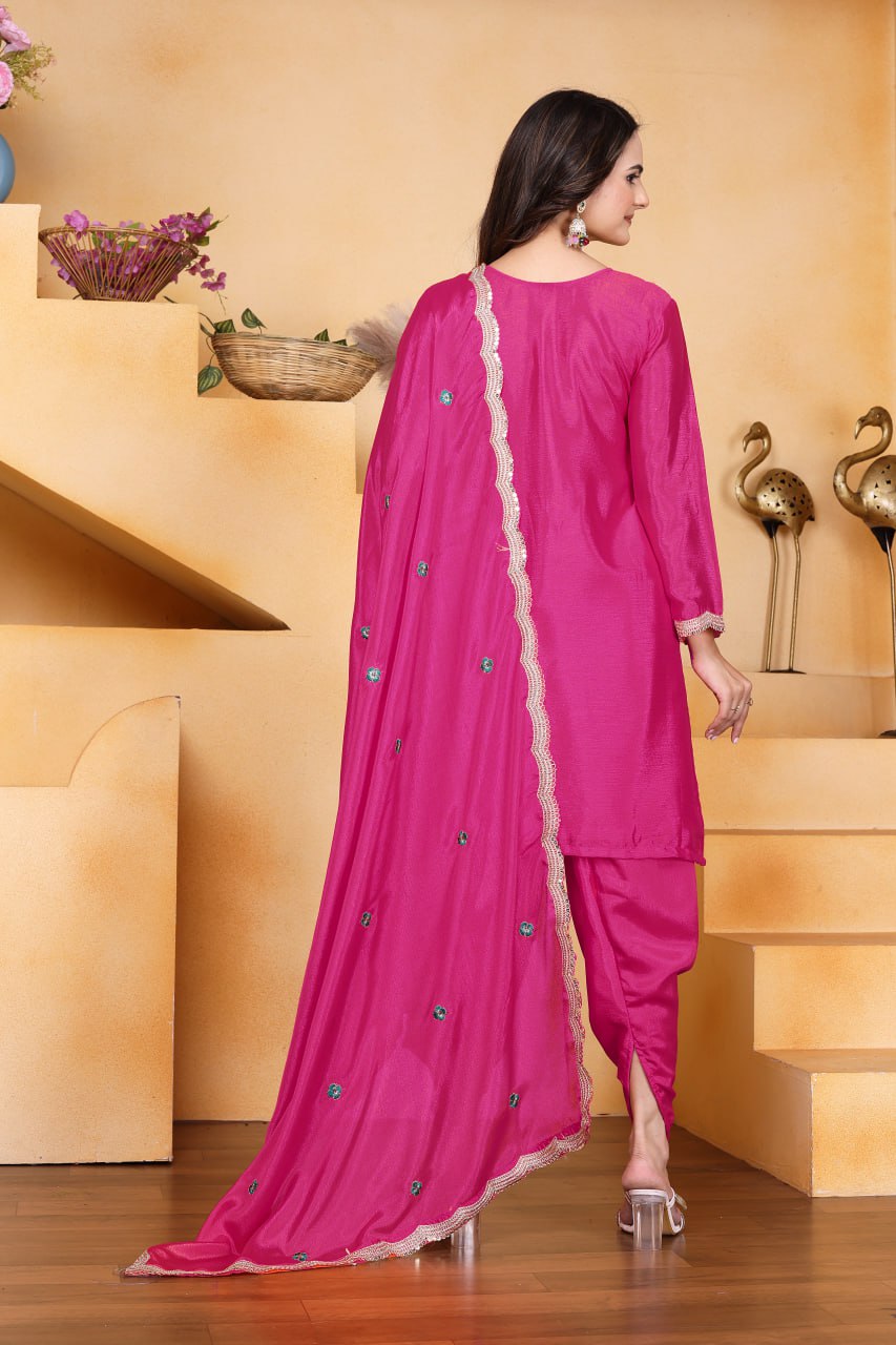 Prazu Fashion Pink Chinon Silk Embroidered Dhoti Style Suit | Grocsy