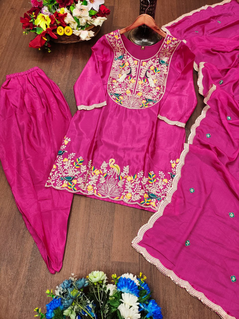 Prazu Fashion Pink Chinon Silk Embroidered Dhoti Style Suit | Grocsy