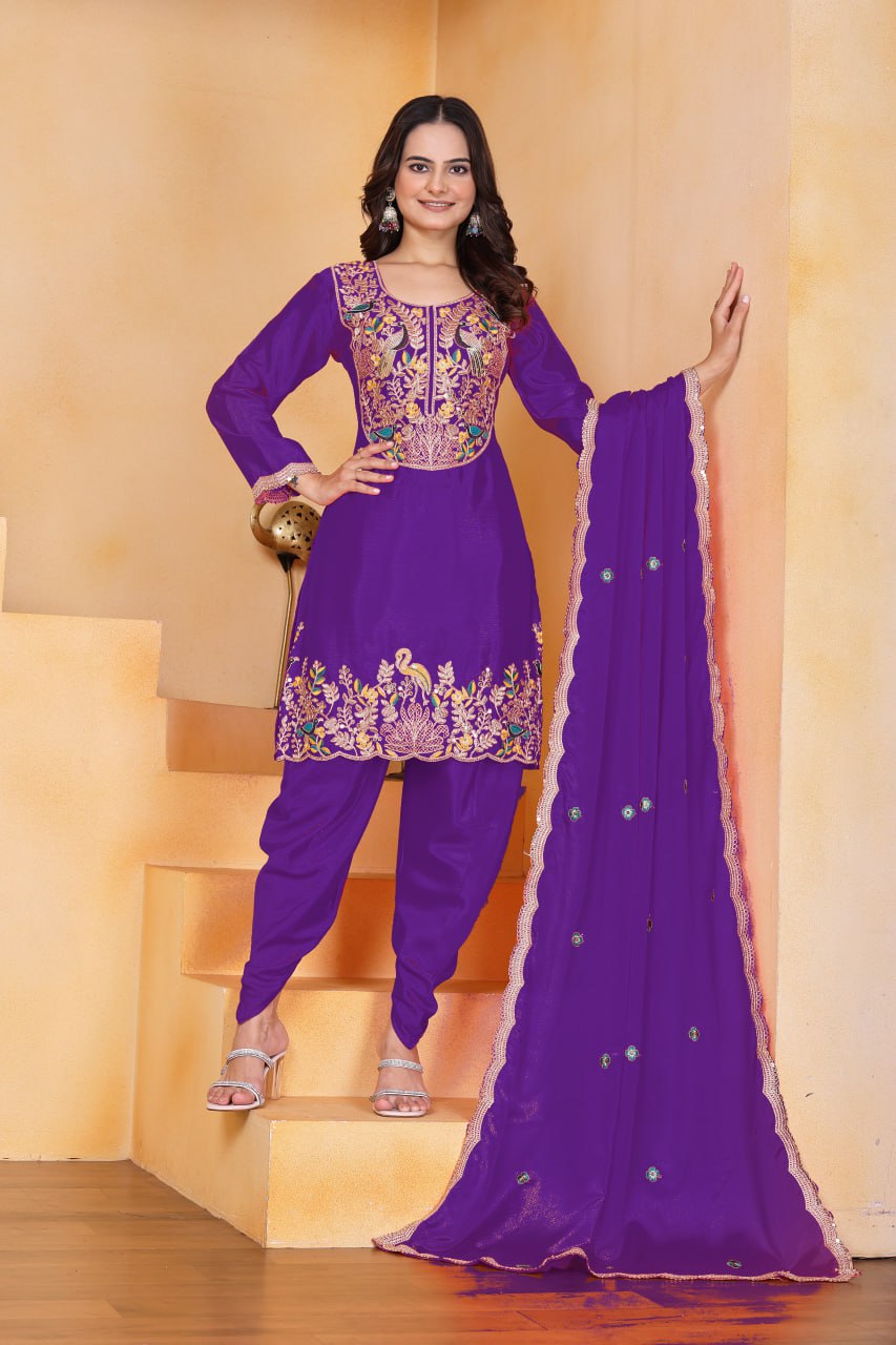 Prazu Fashion Purple Chinon Silk Embroidered Dhoti Style Suit | Grocsy