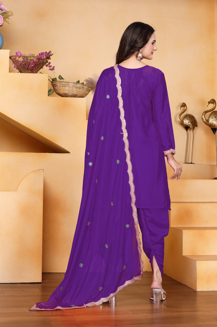 Prazu Fashion Purple Chinon Silk Embroidered Dhoti Style Suit | Grocsy