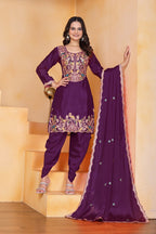Prazu Fashion Wine Chinon Silk Embroidered Dhoti Style Suit | Grocsy