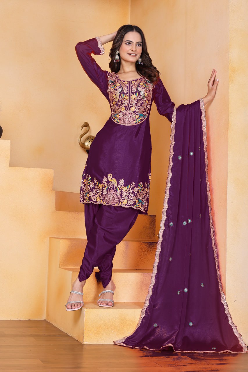 Prazu Fashion Wine Chinon Silk Embroidered Dhoti Style Suit | Grocsy