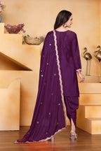 Prazu Fashion Wine Chinon Silk Embroidered Dhoti Style Suit | Grocsy