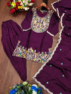 Prazu Fashion Wine Chinon Silk Embroidered Dhoti Style Suit | Grocsy