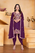 Prazu Fashion Wine Chinon Silk Embroidered Dhoti Style Suit | Grocsy