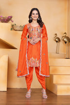Prazu Fashion Orange Chinon Silk Embroidered Dhoti Style Suit | Grocsy